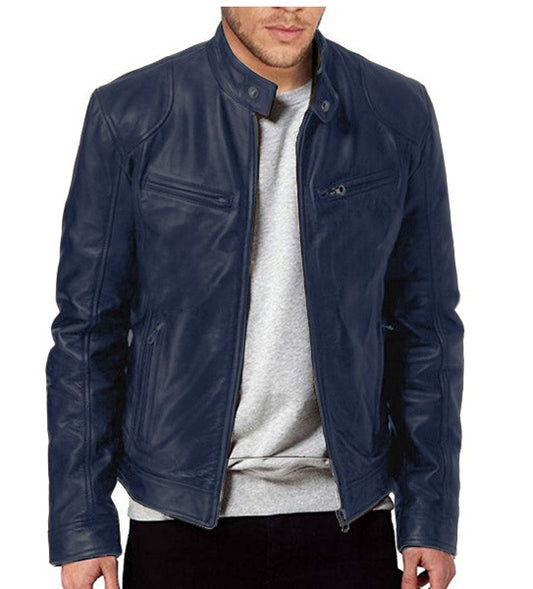 Stand-up Collar Slim Fit Zip Leather Jacket