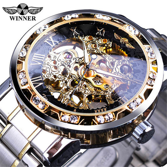 A Generation Of Winner Watches Men's Fashion Casual Classic Popular Hollow Rhinestone Manual Mechanical Watch