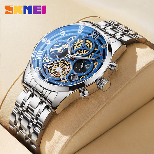 Cross-border Time US Business Men's Watch 7039 Hollow-out Engraved Quartz Watch Tourbillon Leather Steel Band Watch